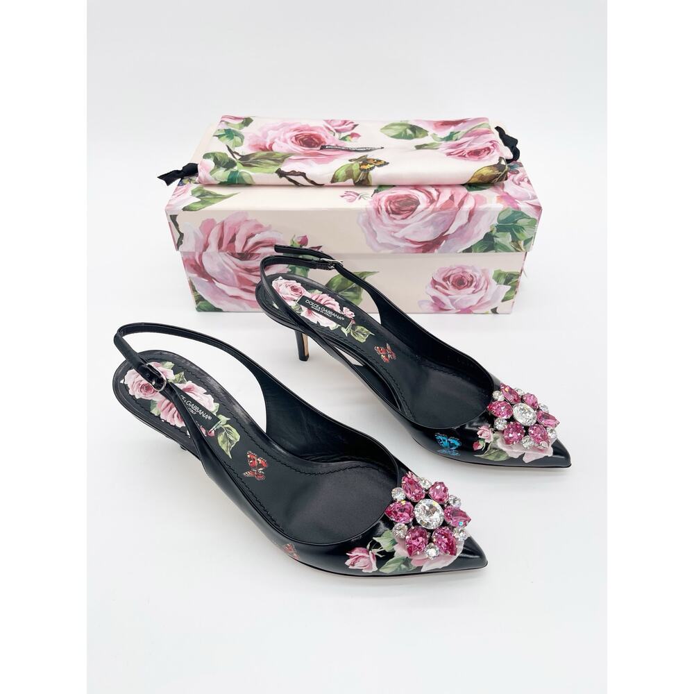 Dolce & Gabbana Black Rose Butterfly Crystal Pointed Toe Slingback Heels IT 40 - Picture 2 of 16